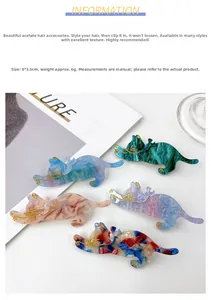 Detail of 8cm cat-shaped acetate hair clips in five colors with dimensions shown