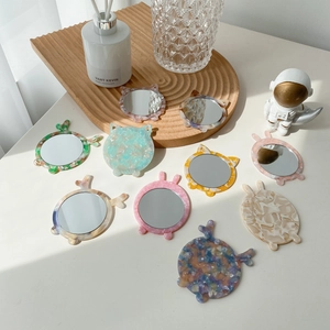 Mini Portable Makeup Mirror Cute Animal Ears Acetate Pocket Mirror Marble Floral Pattern Small Handheld Round Mirror For Women Daily