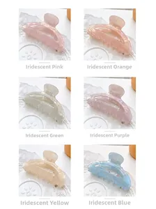 Macro detail of iridescent colorful hair claw clips in pastel resin with pearl finish