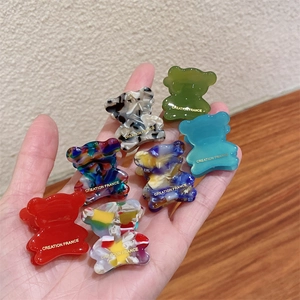 French Retro Small Bear Mini Hair Claw Clip Acetate Colorful Animal Marble Pattern Hair Clip For Women Daily Accessories