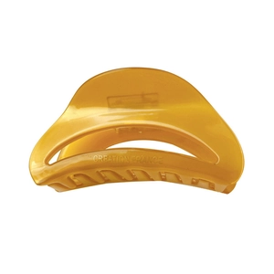 Minimalist amber acetate hair claw clip with golden lettering for thick hair styling