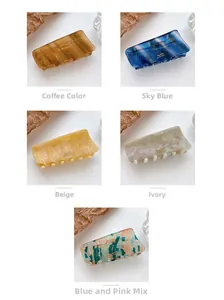 Collage of acetate hair claws in coffee, sky blue, creamy white, and blue-pink mix