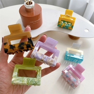 Minimalist square acetate hair claws with trendy marble pattern and multi-color patchwork