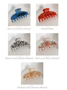Five assorted large acetate hair claws in tortoise shell and marbled colorful patterns
