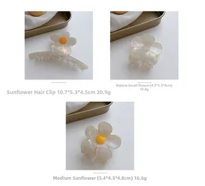 Detailed views of French acetate sunflower hair clips with pearl white and yellow petals