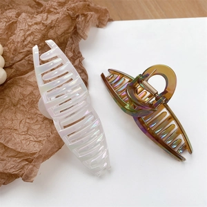 Large 13cm iridescent shark hair clips in pearl white and amber resin for thick hair