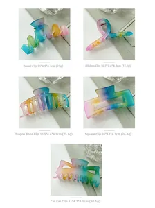 Detail of five large gradient matte resin hair claws in various geometric shapes