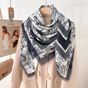 Vintage Toile De Jouy Print Large Square Scarf For Women Polyester Fringed Edge Shawl Elegant Floral Architecture Sun Wrap