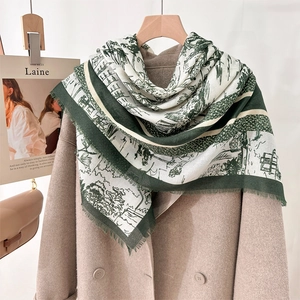Vintage forest green floral scarf 130cm oversized shawl with landscape print and fringes