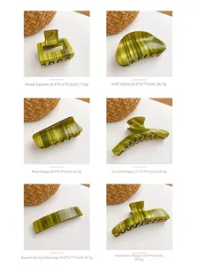 Six olive green acetate hair clips in various geometric shapes shown with dimensions