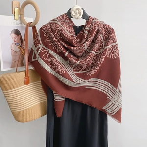 Women Vintage Ethnic Floral Print Large Square Scarf Frayed Edge Polyester Shawl Wrap For Travel Air Conditioning Room