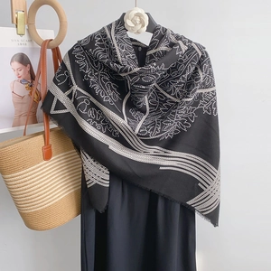 Vintage black and white geometric print long scarf with fringe detail for women