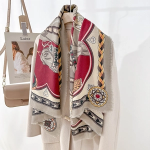 Elegant large equestrian print shawl with fringe on beige coat for travel photography