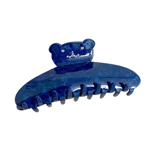 Blue marble acetate hair claw clip with crystal bear design for elegant hair styling