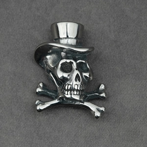 Hip hop skull pendant with top hat and crossbones in vintage silver stainless steel