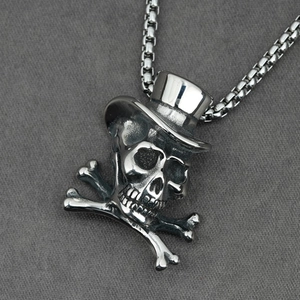Hip-hop skull pendant necklace with top hat and crossbones on stainless steel box chain