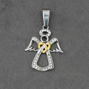Colgante ángel plateado estilo punk con corazón dorado y piedras de circón brillantes