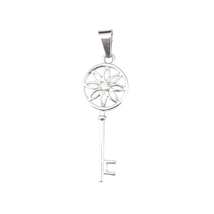 Collier avec pendentif clé en acier inoxydable poli, motif pétale ajouré et zircon cubique