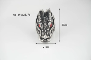 Detailed view of punk wolf head ring with red eyes showing 38mm height and 26.7g weight