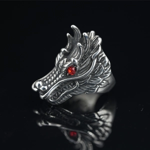 Vintage Punk Dragon Head Ring For Men Stainless Steel Antique Silver Red Rhinestone Eye Domineering Gothic Biker Ring Jewelry