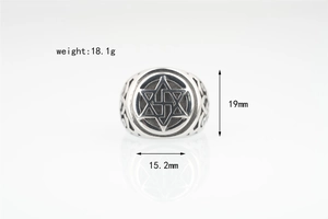 Macro detail of vintage hexagram titanium steel ring with measurements and 18.1g weight