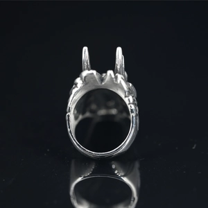 Punk style wolf head ring in vintage silver titanium steel with red eyes and horn detail