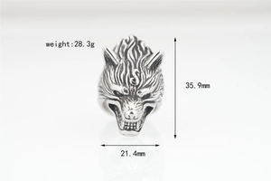Detailed view of punk wolf head ring showing dimensions 35.9mm height and 21.4mm width