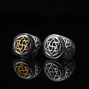 Retro Titanium Steel Hexagram Star Ring For Men Vintage Baroque Carved Symbol Hip Hop Punk Finger Ring Religious Jewelry