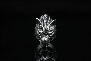 Close-up of vintage punk wolf head ring showing detailed metallic texture and carvings