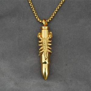 Men's titanium steel bullet pendant necklace with 3D scorpion relief on box chain