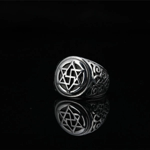 Vintage silver titanium steel hexagram signet ring with baroque engraved detailing