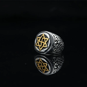 Vintage titanium steel ring for men featuring a gold hexagram and intricate side textures