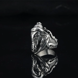 Ethnic Ganesha ring in vintage stainless steel with a high-quality mirror reflection