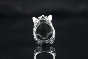 Macro view showing the hollow inner structure and smooth interior of the wolf head ring