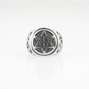 Vintage silver titanium steel signet ring featuring hexagram and Celtic knot engraving