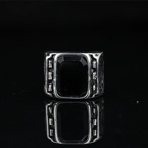 Retro titanium steel ring for men featuring a large rectangular black gemstone inlay