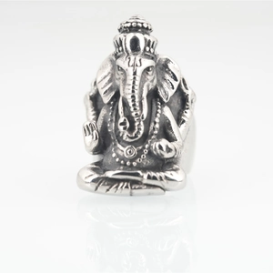 Vintage stainless steel Ganesha ring with detailed ethnic carving for men's fashion