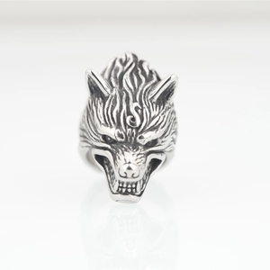 Gothic punk wolf head open ring in vintage silver titanium steel for men with S engraving