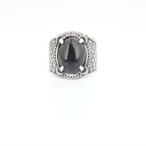 Retro punk titanium steel ring with black oval onyx stone and dragon scale texture