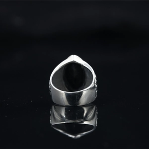 Punk rocker skull biker ring in silver stainless steel with oval black onyx gemstone