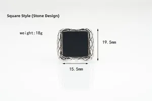 Detail view of square black obsidian ring with woven silver metal band and 18g weight spec