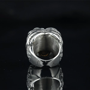 Vintage punk skull winged stainless steel biker ring with gothic relief and silver finish
