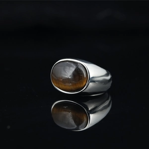 Bague classique en acier titane argenté avec œil de tigre ovale pour hommes et femmes