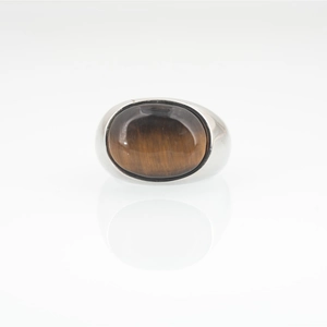 Bague classique en acier inoxydable avec œil de tigre ovale en finition argentie