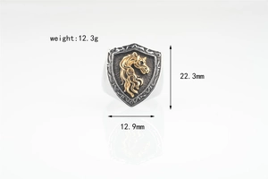 Detailed specs of shield-shaped ring with golden horse relief showing 22.3mm height