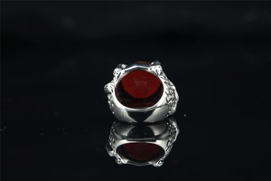 Detailed close-up of retro dragon claw ring with large red gemstone in steel