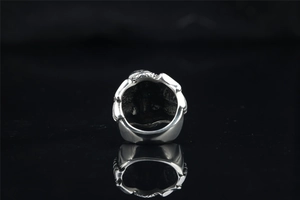 Macro shot of detailed relief carving on silver vintage steel eagle head ring band