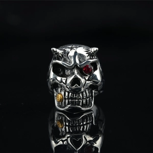 Vintage Gothic Skull Ring For Men Titanium Steel Punk Band With Red Rhinestone Antique Silver Hip Hop Jewelry Gift