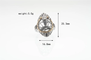 Détails d'une bague couronne vintage avec dimensions 25,3 mm de haut et 16,8 mm de large