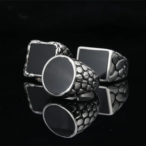 Vintage Titanium Stainless Steel Signet Ring For Men Black Geometric Obsidian Style Round Square Rectangle Retro Punk Ring